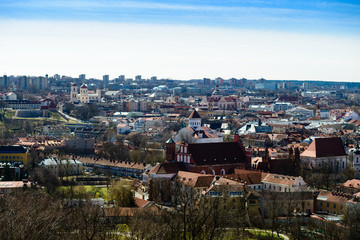 Beautiful spring panorama of Vilnius old town at sunny day. View