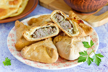 Homemade baked samosas (sambusa) with meat on plate