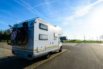 Camping car. Recreational vehicle motor home trailer on the road