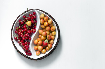 on white background round bowl of yin yang with summer berries of red currant and yellow cherry...