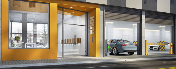 Eingang zum Gebäude und Parkplatz