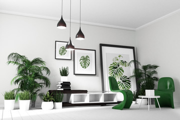tropical modern living room interior. 3D rendering