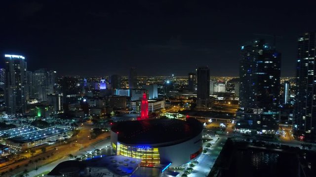 Aerial clip Downtown Miami night 4k city lights