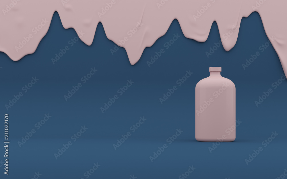Poster mock-up of colored milk bottle with melt liquid on minimal background, 3d rendering