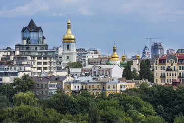 Fototapeta na wymiar Aerial top view of Kiev churches on hills, Kyiv city, Ukraine