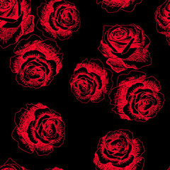 Flowers. Roses on black. Seamless background pattern. Hand drawn. Cute Floral pattern in the flower. Motifs scattered random. Seamless vector texture. Elegant template for fashion prints.