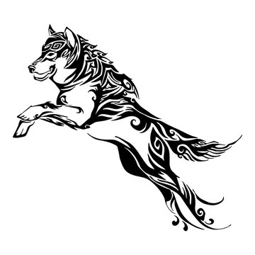wolf jump design for silhouette tribal tattoo vector with white isolated background
