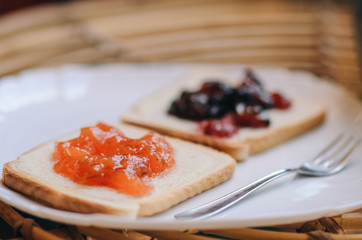 two sweet toast with fruit jam. closeup