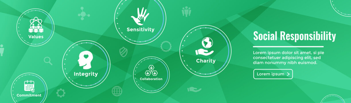  Social Responsibility Web Banner Icon Set and Web Header Banner w Honesty, integrity, & collaboration, etc