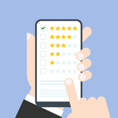 Customer reviews, rating, classification concept on smartphone screen