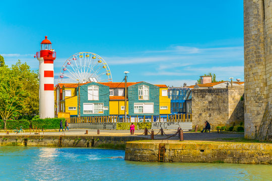 View of colourful wooden houses in Le Gabut district of La Rochelle, France