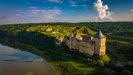 Naklejka premium Aerial view of medieval Khotyn fortress and river Dniestr, Ukraine.
