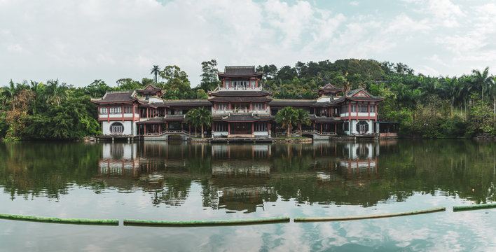 Fototapeta Landscape of old oriental building on lake
