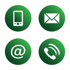 Vector icon set: green spherical communication icons - mobile phone, envelope, e-mail address, phone