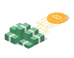 Isometric 3D vector illustration exchange of crypto currency for real money