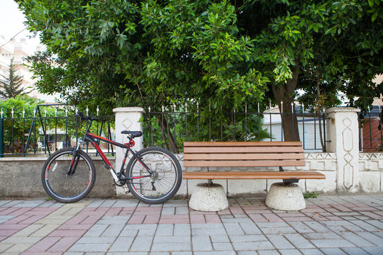 on a city street bicycle next to an empty bench