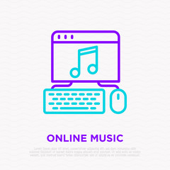 Online music thin line icon: opened web site on computer. Modern vector illustration.