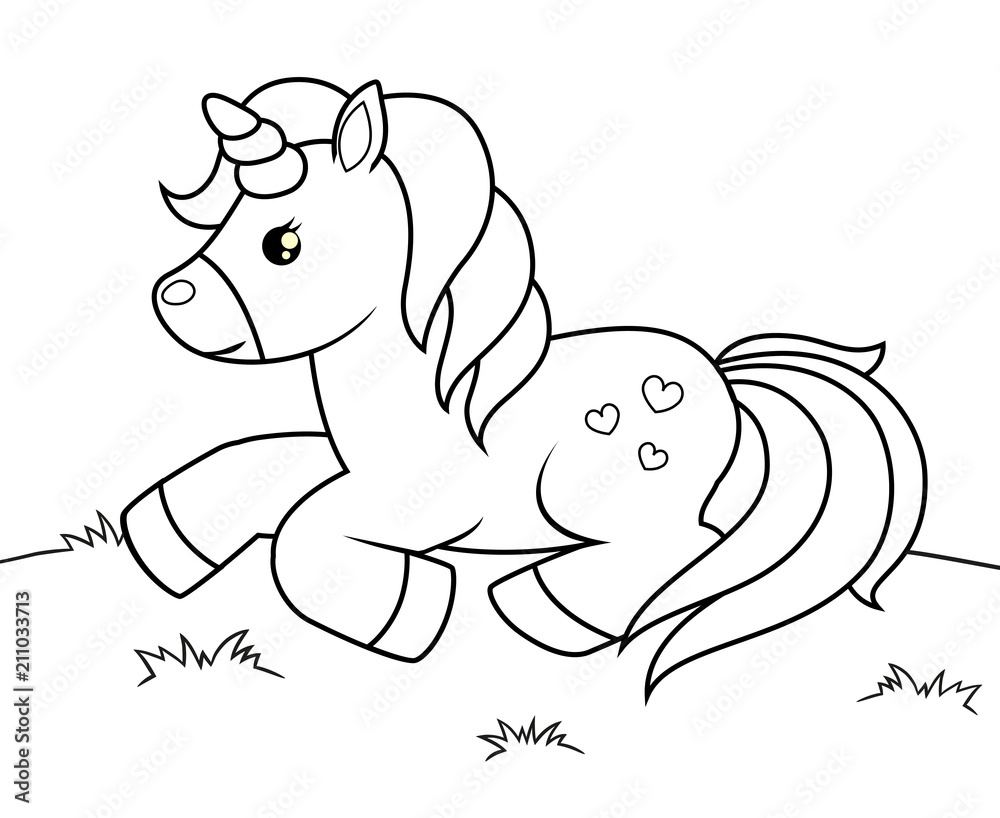 Wall mural cute cartoon unicorn. black and white vector illustration for coloring book