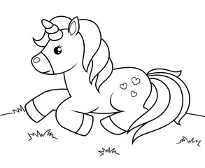 Cute cartoon unicorn. Black  and white vector illustration for coloring book