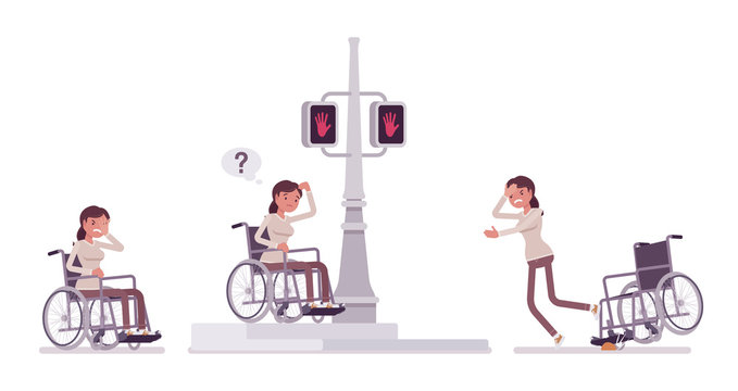 Female Young Wheelchair User In Negative City Street Emotions