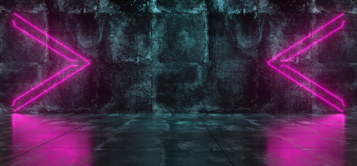 Futuristic Sci-Fi Empty Lighted Dark Grunge Concrete Room With Neon Lights Pointing Arrows In The Middle. 3D Rendering