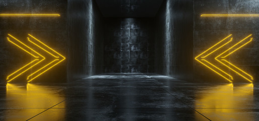 Futuristic Sci-Fi Empty Lighted Dark Grunge Concrete Room With Neon Lights Pointing Arrows In The Middle. 3D Rendering