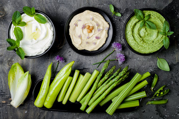 Green vegetables raw snack board with various dips. Yogurt sauce or labneh, hummus, herb hummus or...