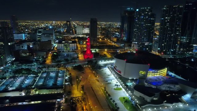 Aerial night footage Miami establishing shot