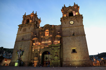 Puno Cathedral or Cathedral Basilica of St. Charles Borromeo in the evening, Puno, Peru 