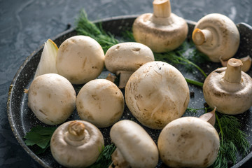 Fresh white Champions on the pan and ingredients on the dark kitchen table. Concept of cooking mushroom dishes. Close up