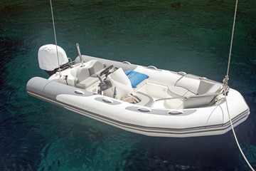 An inflatable boat on the super clean and clear Aegean sea