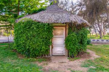 Fototapeta na wymiar Wooden hut with closed wooden white grunge door surrounded by dense green plants at Montaza public park, Alexandria, Egypt