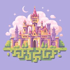 Obraz na płótnie Canvas Fairy tale princess castle flat illustration. Fantasy landscape background