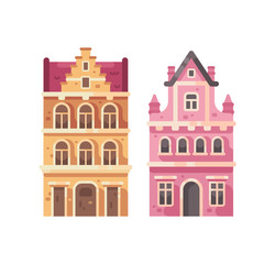Set of two old city buildings. House facades flat illustration