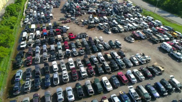 Aerial video automotive car junk yard