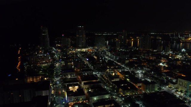 Aerial video Miami Beach south of 5th street at night
