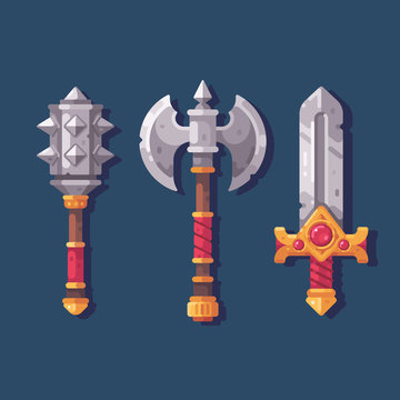 Set of three medieval fantasy weapons. Battle mace, axe and sword flat illustration.