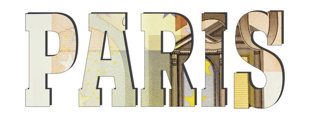 Paris City Euro banknotes. Money texture. Isolated on white background. Currencie of the European Union