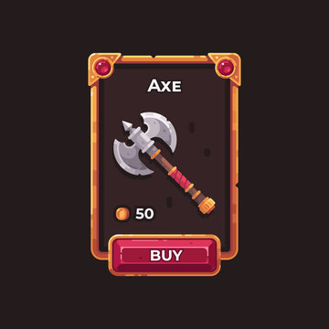 Fantasy game weapon shop UI illustration. Medieval axe game card.
