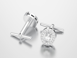 3D illustration two white gold or silver metal chrome diamond cufflinks stud
