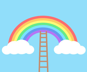 Color rainbow with clouds and wooden stairs on blue sky background