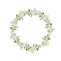White flowers and green leaves round frame isolated on white background. Design for logo, wedding invitation, greeting card. Hand drawn watercolor illustration.