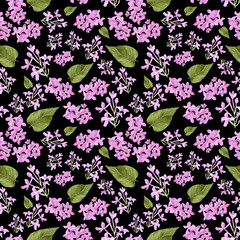 Botany illustration Purple Lilac pink flowers and petals and green leaf of syringa in a watercolor style on black background. Seamless watercolor pattern. Could be used for textile or in design
