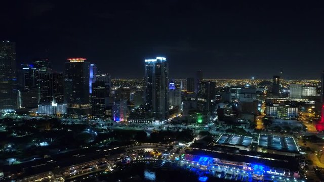 Night Miami city lights aerial drone footage