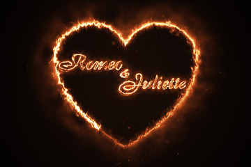 A burning heart with the text Romeo and Juliette 3d illustration