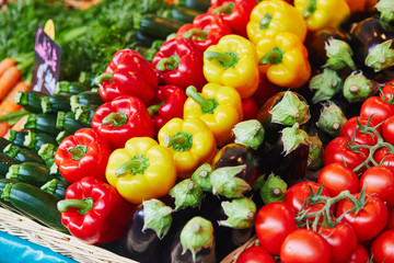 Fototapeta na wymiar Fresh organic vegetables and fruits on farmer market in Paris, France
