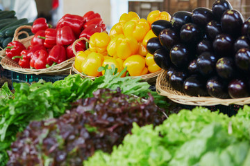 Fresh organic vegetables and fruits on farmer market in Paris, France