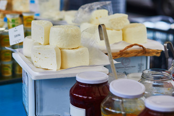 Feta cheese on farmer market in Paris