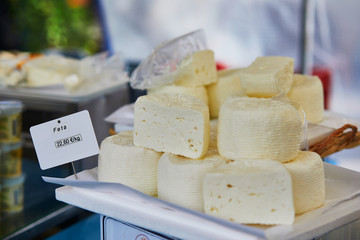 Feta cheese on farmer market in Paris