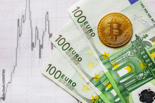 Virtual Money Golden Bitcoin On Hundred Euro Bills And On Paper - 